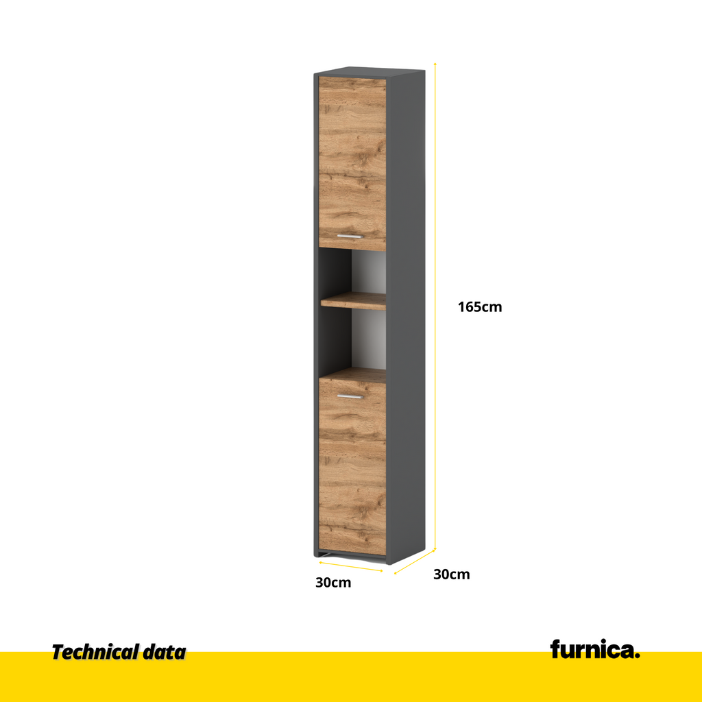 EMMA Bathroom Cabinet Storage Unit with Doors and Shelves - Anthracite / Wotan Oak H165cm W30cm D30cm
