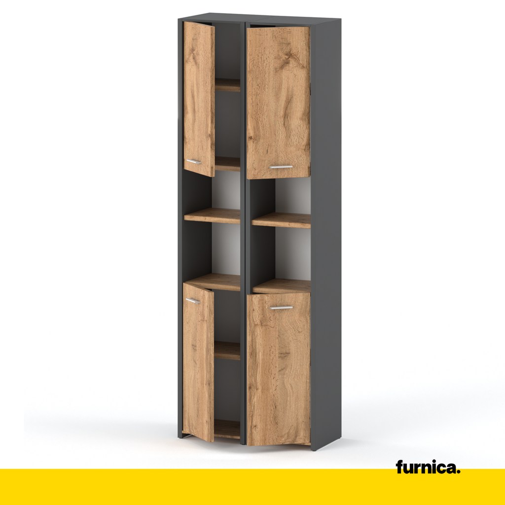EMMA - Bathroom Cabinet Double Storage Unit with Doors and Shelves - Anthracite / Wotan Oak H165cm W60cm D30cm