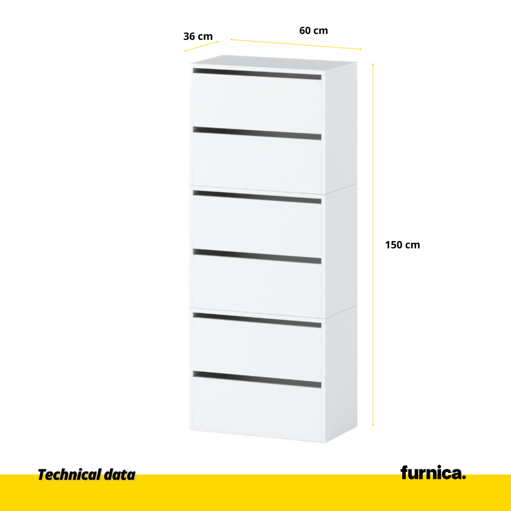 JACK - Shoe Cabinet - 6 Tier Storage - White Matt H150cm W60cm D36cm