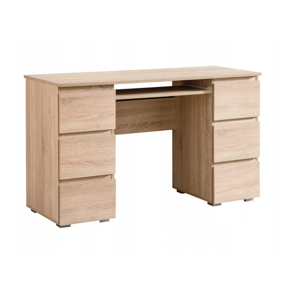 CUBA - Computer Desk with 6 Push to Open Drawers and Keyboard Tray H78cm W130cm D50cm - Sonoma Oak