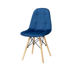 FABRIZIO - Quilted Velour Velvet Dining / Office Chair with Buttons and Wooden Legs - Dark Blue