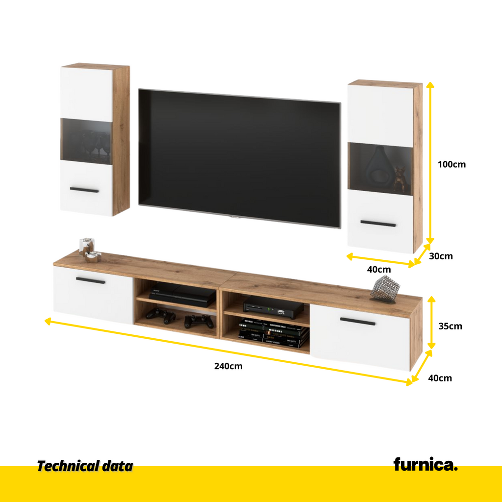 MIRANDA - Hanging TV Unit Set - 4 Cabinets - Wotan Oak / White Matt