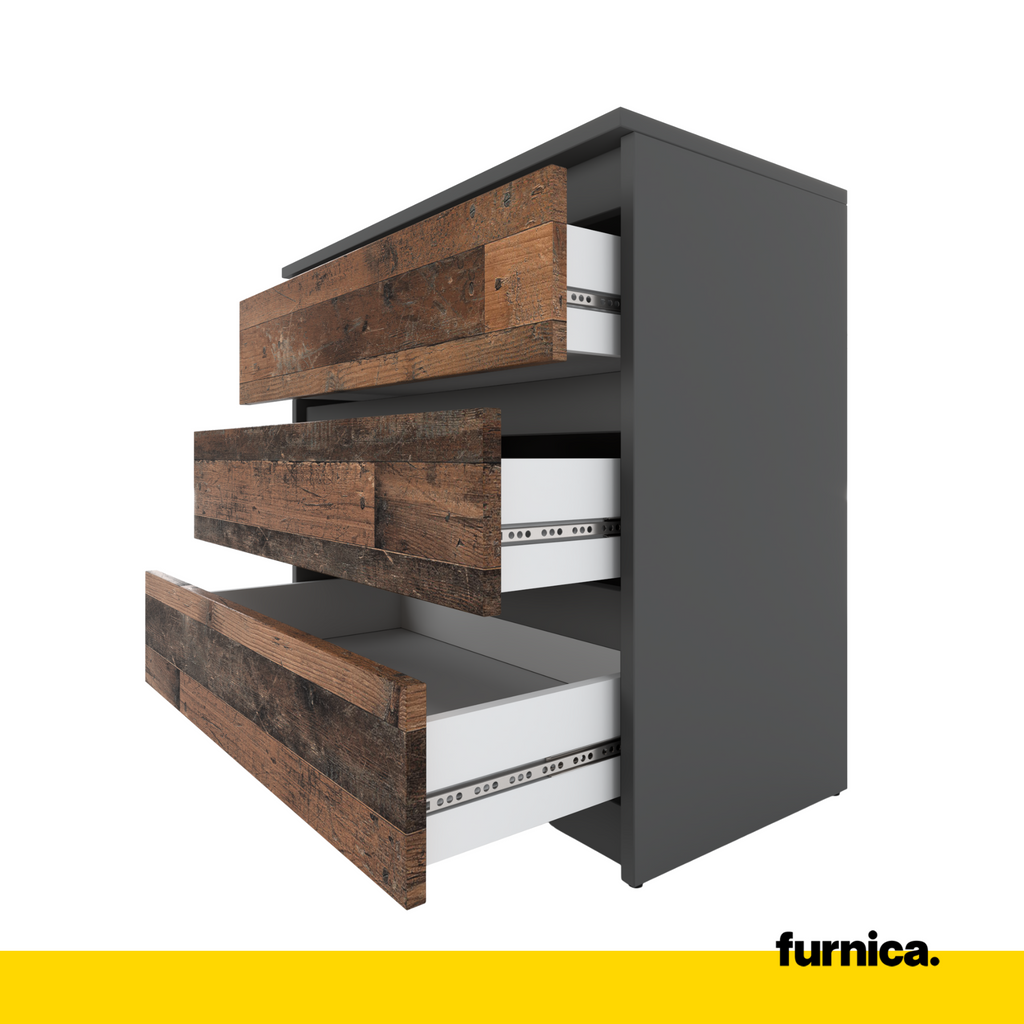 GABRIEL - Chest of 3 Drawers - Bedroom Dresser Storage Cabinet Sideboard -  Anthracite Grey / Old Wood H71cm W80cm D33cm