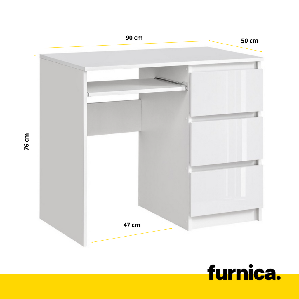 BRUNO - Computer Desk with 3 Drawers and Keyboard Tray H76cm W90cm D50cm Right - White / White Gloss