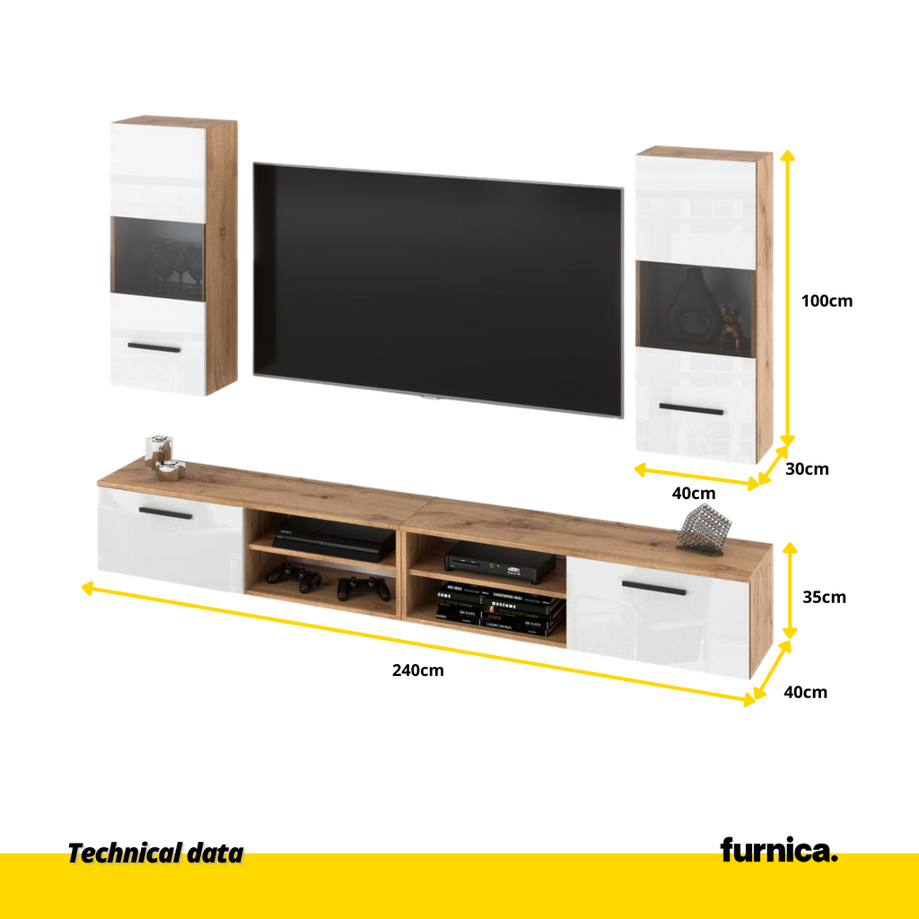 MIRANDA - Hanging TV Unit Set - 4 Cabinets - Wotan Oak / White Gloss