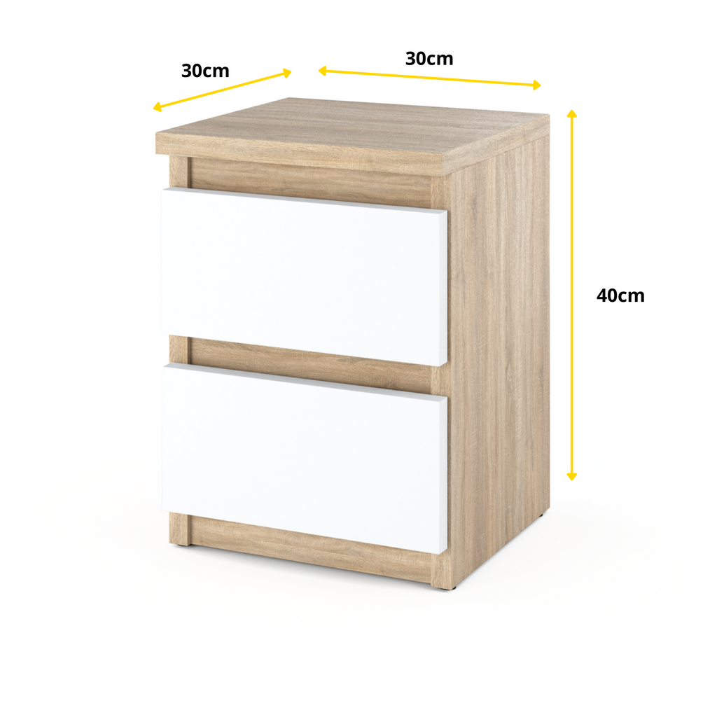 GABRIEL - Bedside Table - Nightstand with 2 drawers - Sonoma Oak / White H40cm W30cm D30cm