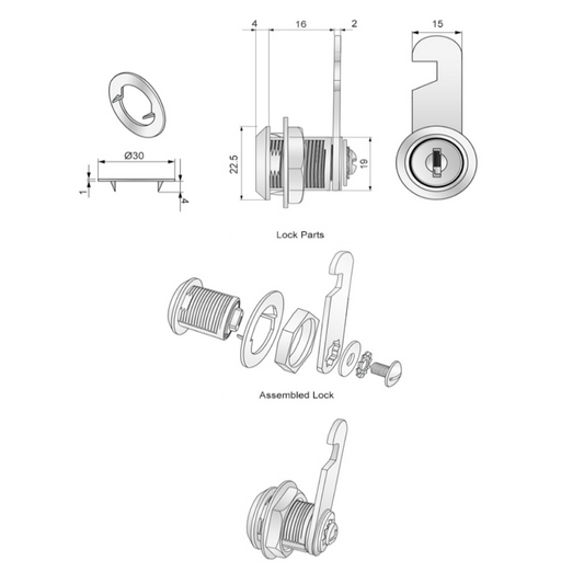 Cabinet Lock with Hook Cam Plate 19x16mm, Chrome (2) – Furnica