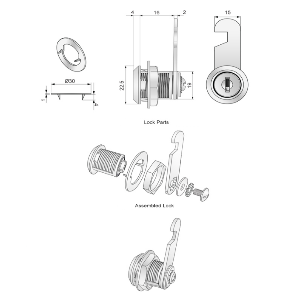 Cabinet Lock with Hook Cam Plate 19x16mm, Chrome