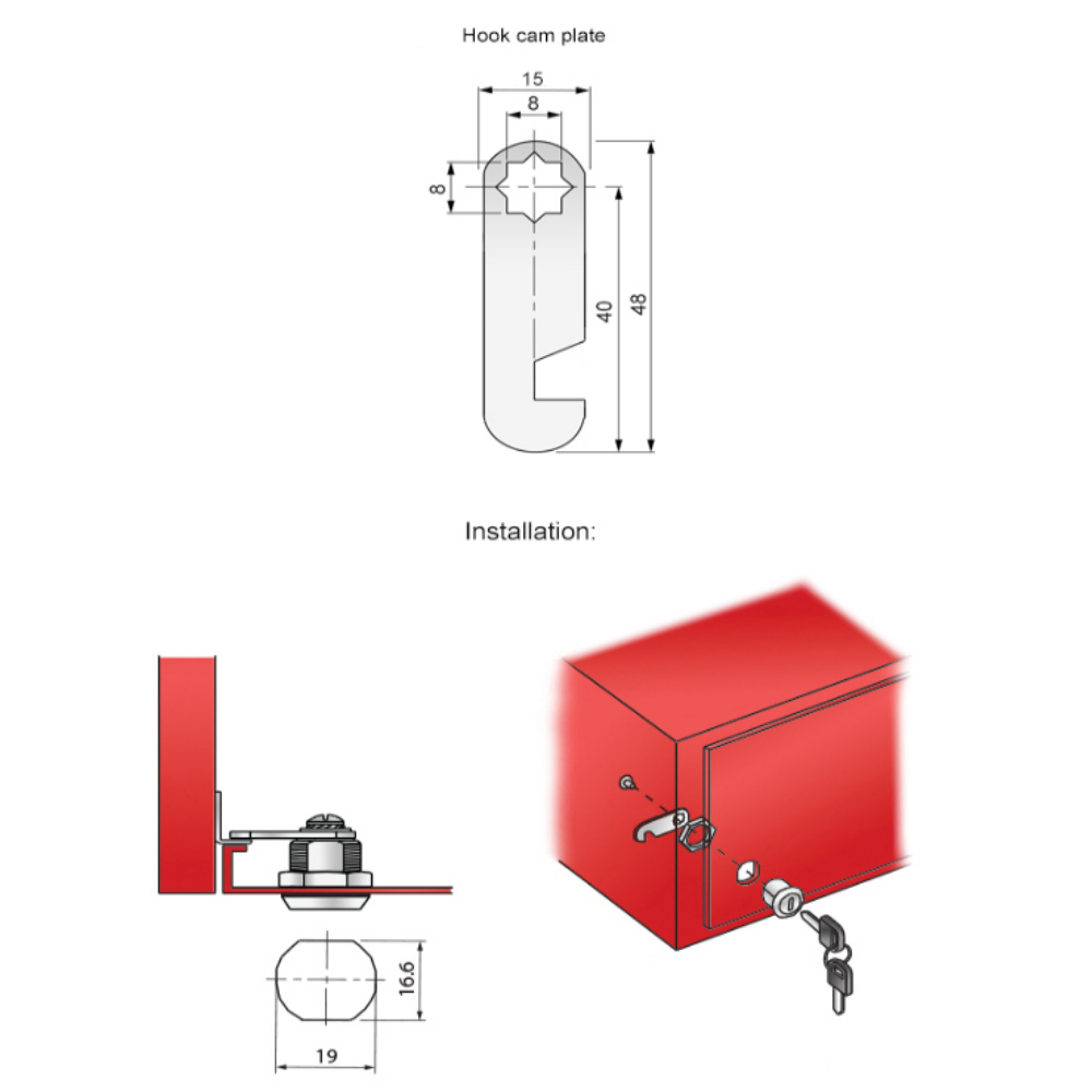 Cabinet Lock with Hook Cam Plate 19x16mm, Chrome