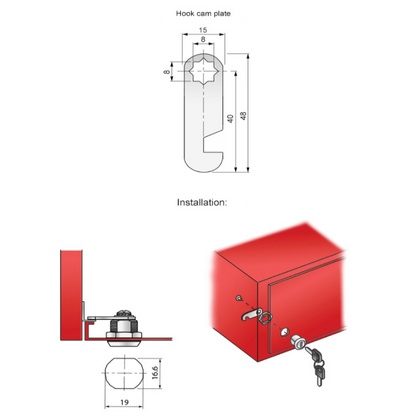 Cabinet Lock with Hook Cam Plate 19x16mm, Chrome