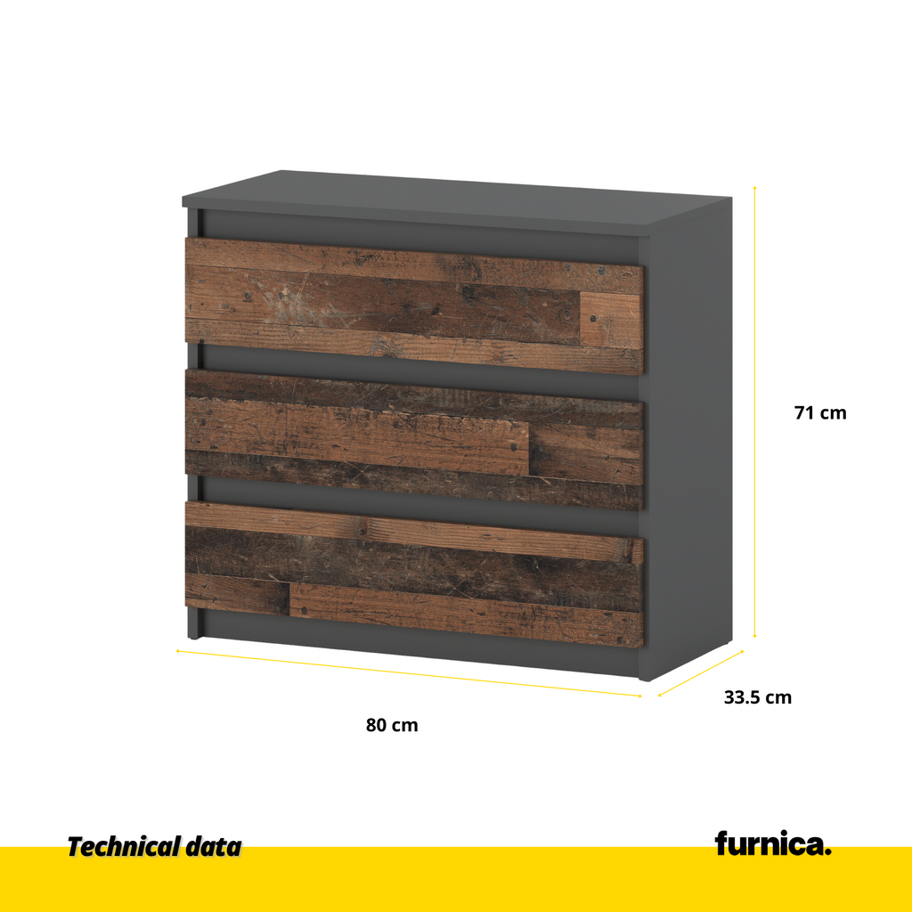 GABRIEL - Chest of 3 Drawers - Bedroom Dresser Storage Cabinet Sideboard -  Anthracite Grey / Old Wood H71cm W80cm D33cm