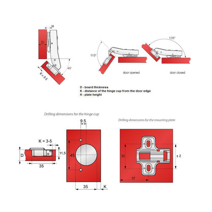 +45º Soft-Close Hinge, H2 Mounting Plate with EURO Screws, Angled Doors Soft Close Furnica 