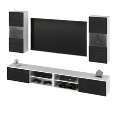 MIRANDA - Hanging TV Unit Set - 4 Cabinets - White Matt / Black Gloss