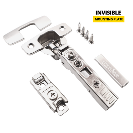 4D 110° Soft-Close Hinge, H0 Invisible Mounting Plate with EURO Screws and Covers, Overlay Doors