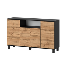 CALVIN - TV Cabinet with 4 Doors - Living Room Storage Sideboard - Black Matt / Wotan Oak H80cm W140cm D35cm
