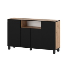 CALVIN - TV Cabinet with 4 Doors - Living Room Storage Sideboard - Wotan Oak / Black Matt H80cm W140cm D35cm