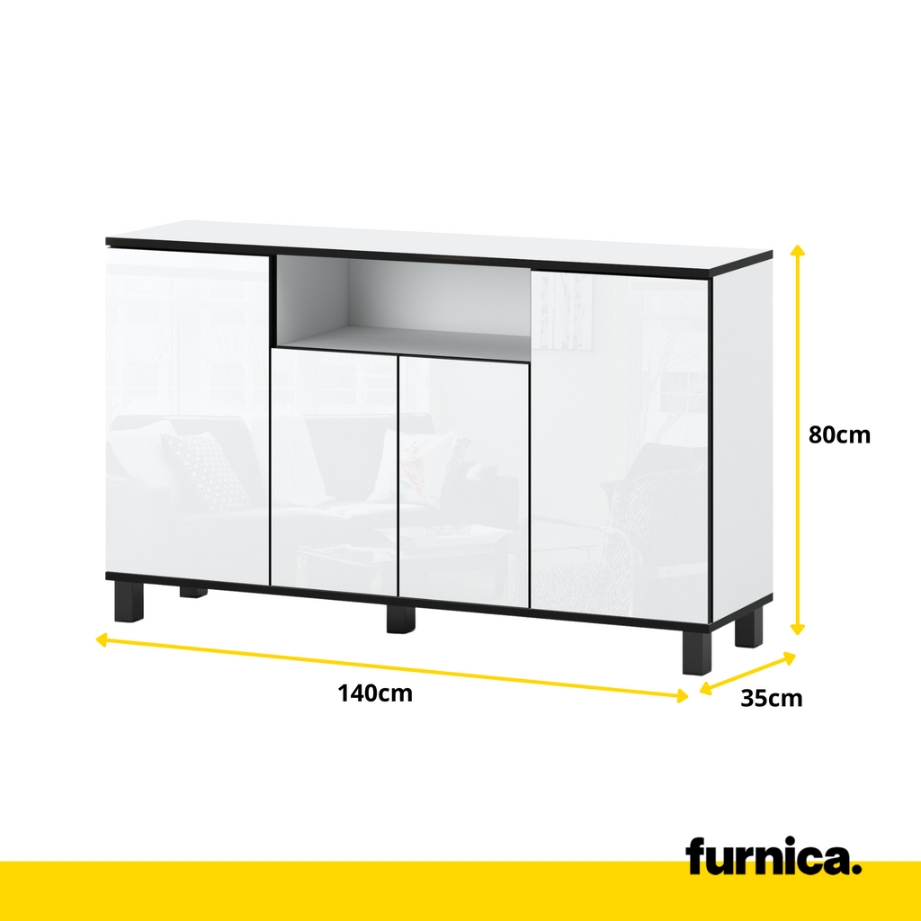 CALVIN - TV Cabinet with 4 Doors - Living Room Storage Sideboard - White Gloss H80cm W140cm D35cm
