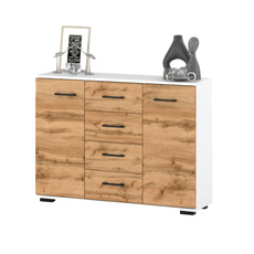 MARK - Chest of 4 Drawers and 2 Doors - Bedroom Dresser Storage Cabinet Sideboard - White Matt / Wotan Oak H85cm W120cm D35cm