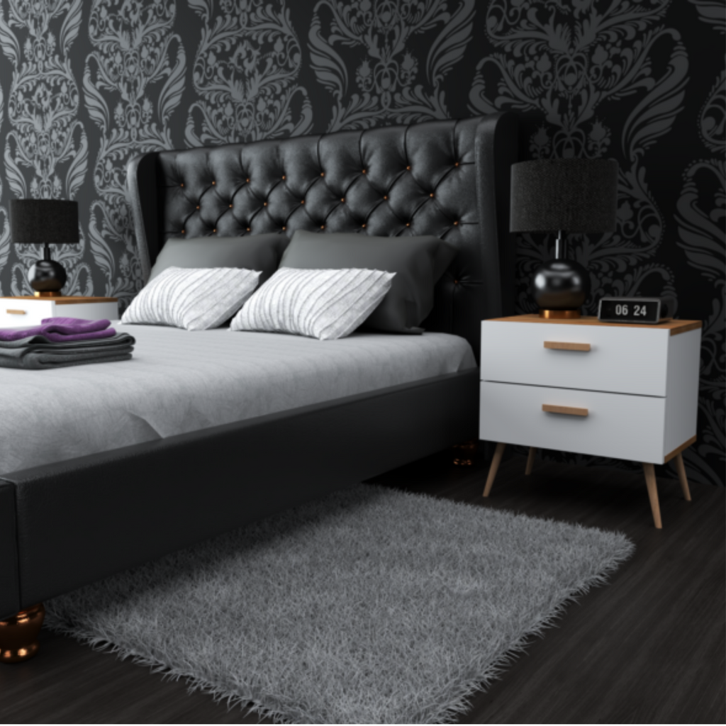 INGRID - Scandinavian Bedside Table - Nightstand with 2 Drawers - White Matt / Wotan Oak H45cm W45cm D30cm