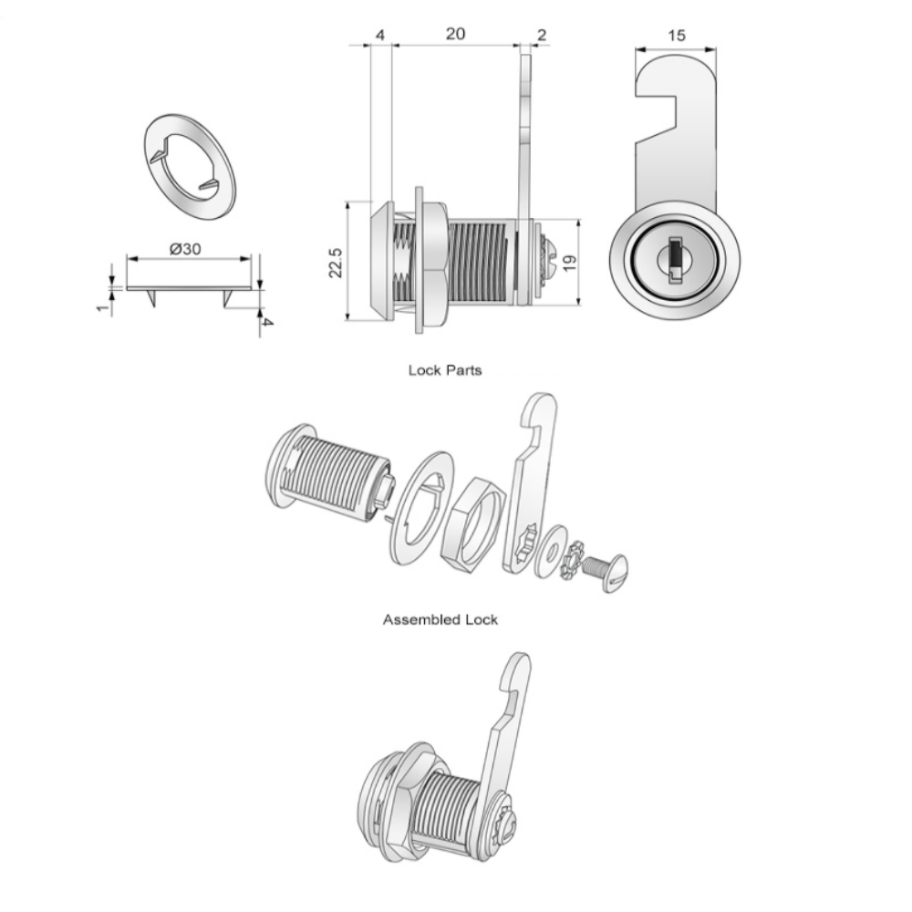 Cabinet Lock with Hook Cam Plate 19x20mm, Chrome