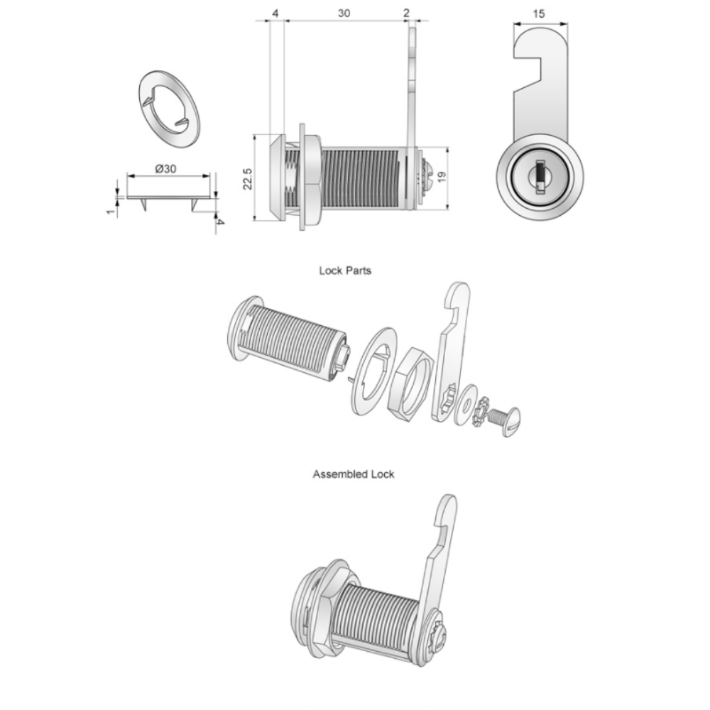Cabinet Lock with Hook Cam Plate 19x30mm, Chrome