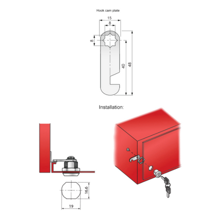 Cabinet Lock with Hook Cam Plate 19x30mm, Chrome