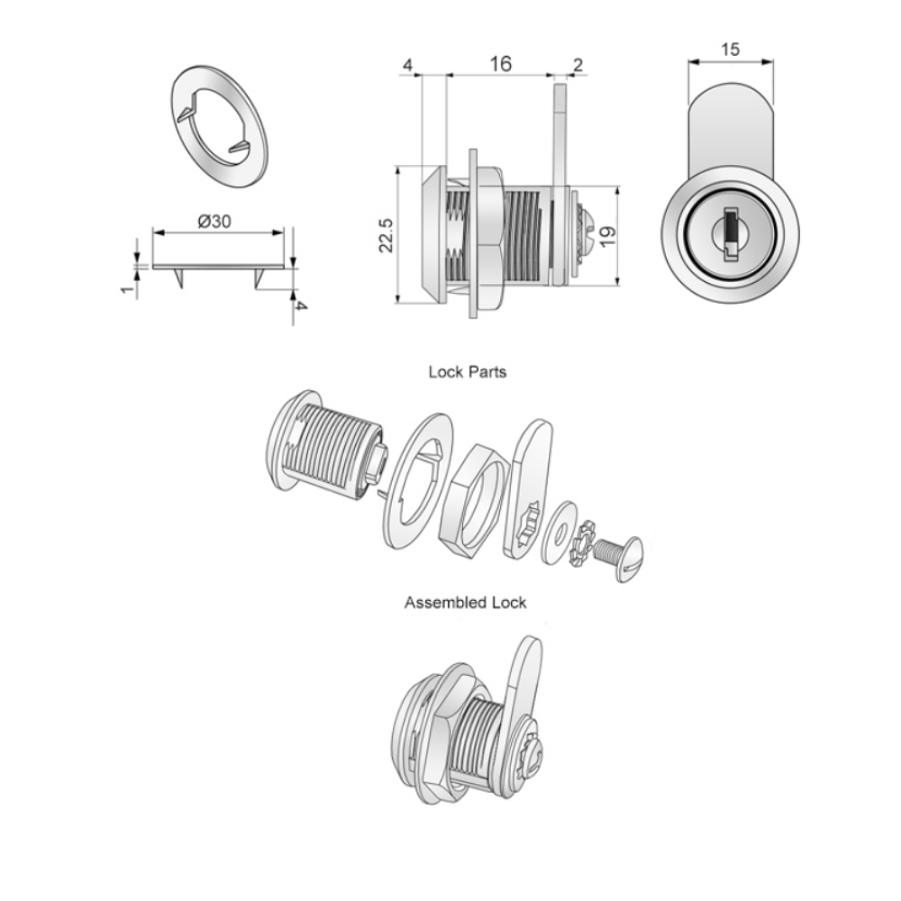 Cabinet Lock with Straight Cam Plate 19x16mm, Chrome