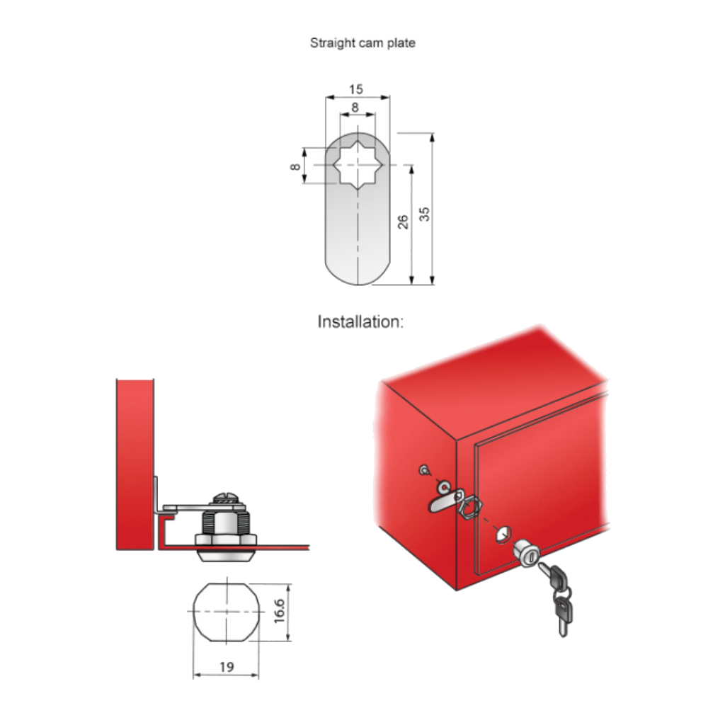 Cabinet Lock with Straight Cam Plate 19x16mm, Chrome
