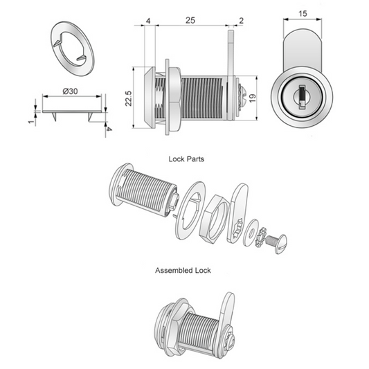 Cabinet Lock with Straight Cam Plate 19x25mm, Chrome (2) – Furnica