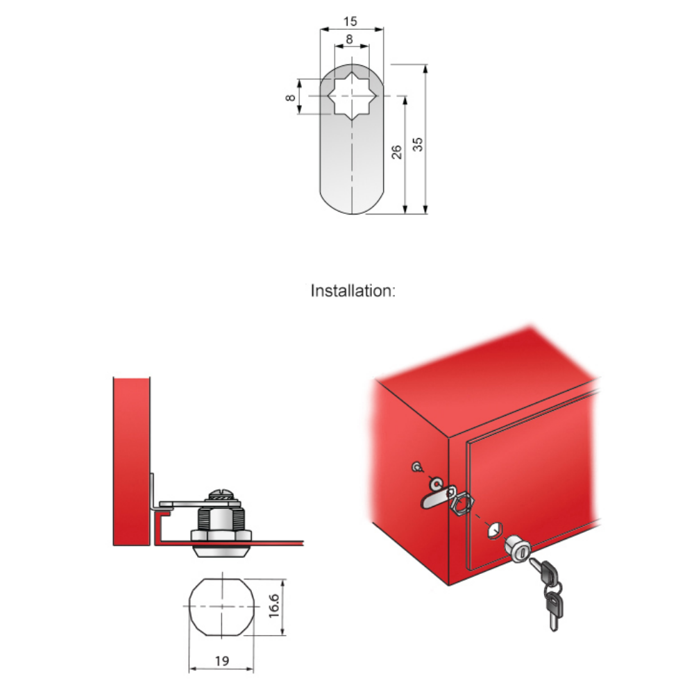 Cabinet Lock with Straight Cam Plate 19x25mm, Chrome