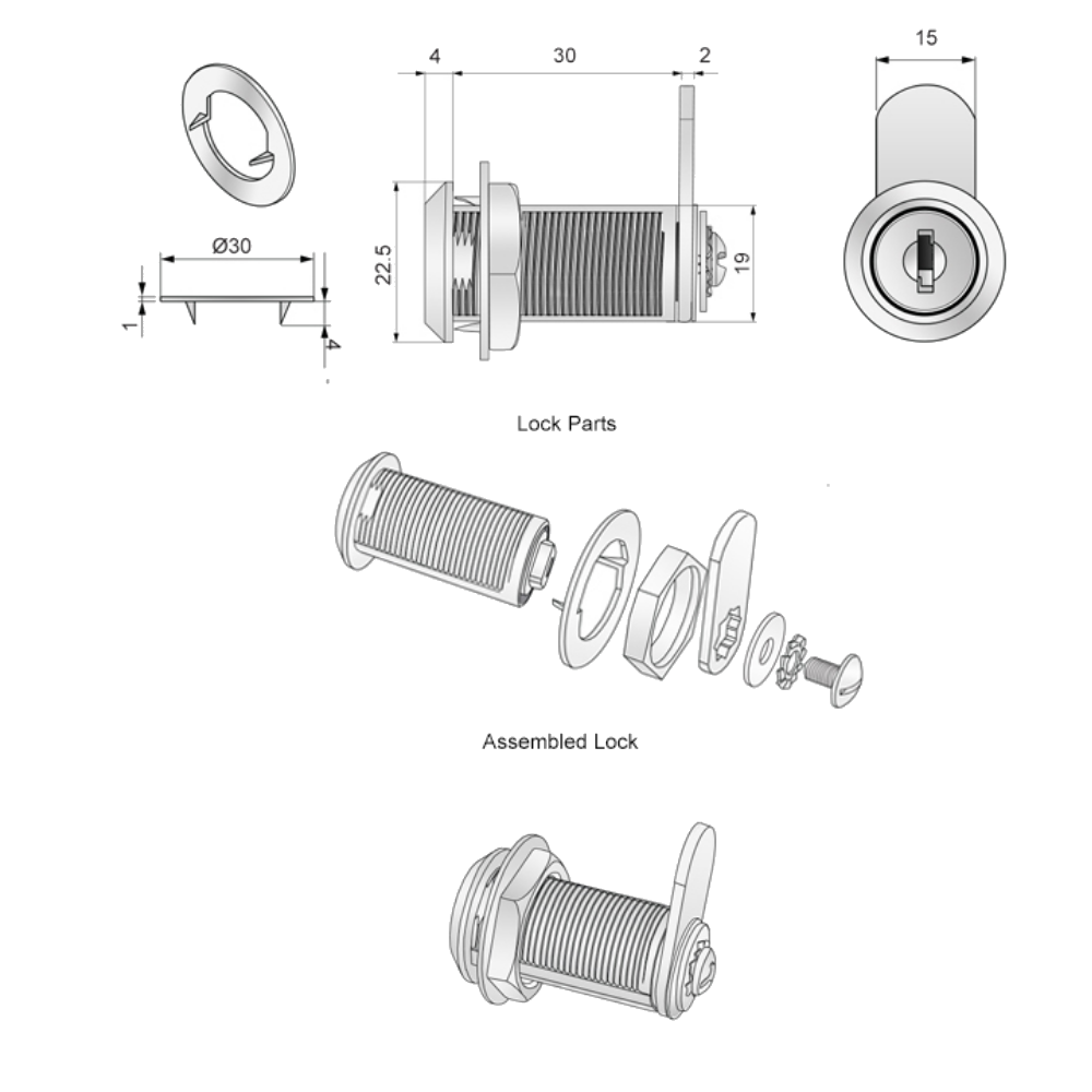 Cabinet Lock with Straight Cam Plate 19x30mm, Chrome (2) – Furnica