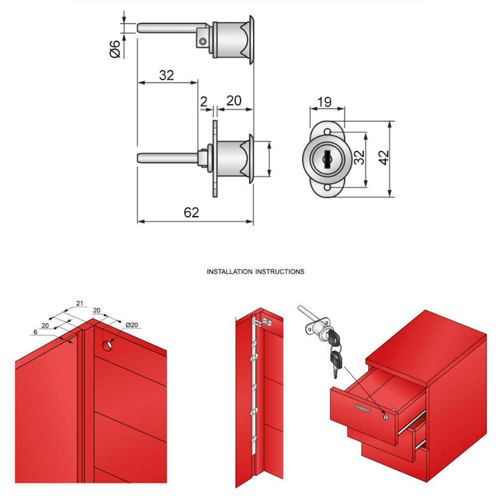 Central Lock Cylinder 19x20mm, Chrome