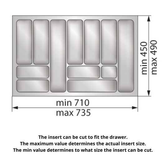 Cutlery Tray for Drawer, Cabinet Width: 800mm, Depth: 490mm - Metallic