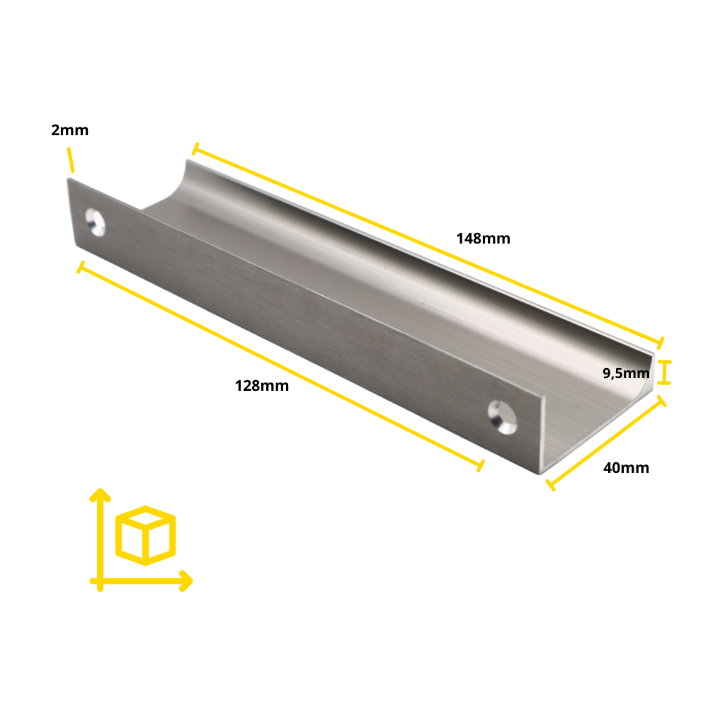 Edge Grip Profile Handle 128mm (148mm total length) - Brushed Steel