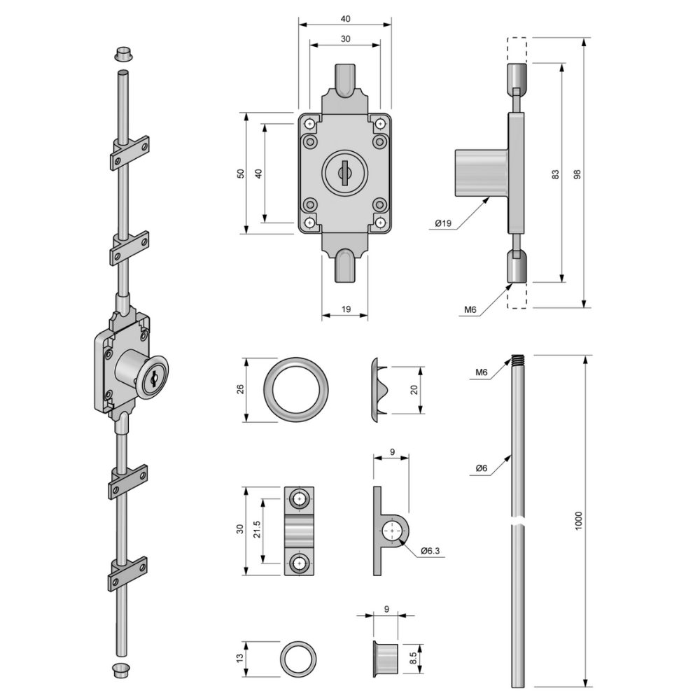 Extending bar lock 19x22mm, 2 bars L-1000mm, Chrome