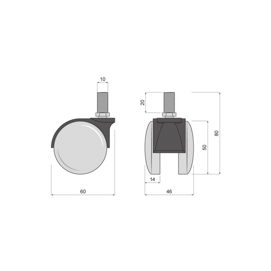 Furniture plastic swivel wheel with thread 10mm -  Ø60mm
