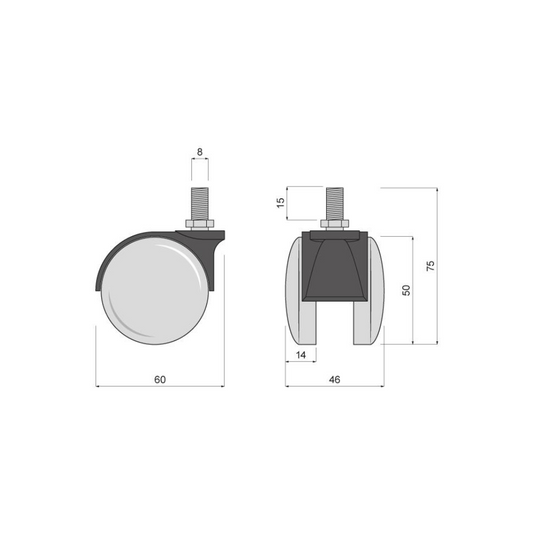 Furniture plastic swivel wheel with thread 8mm -  Ø60mm