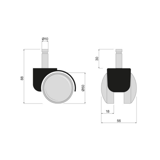 Furniture plastic swivel wheel with mounting pin 10mm - Ø50mm