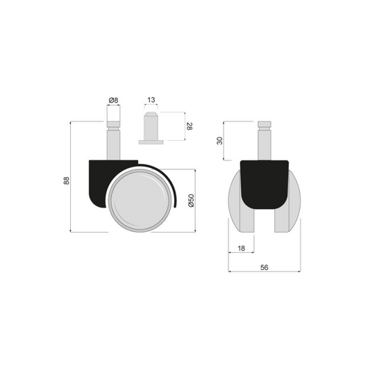 Furniture plastic swivel wheel with mounting pin Ø50mm
