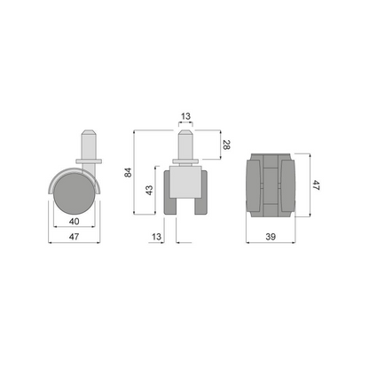 Furniture rubber swivel wheel with mounting pin 8mm and sleeve - Ø40mm