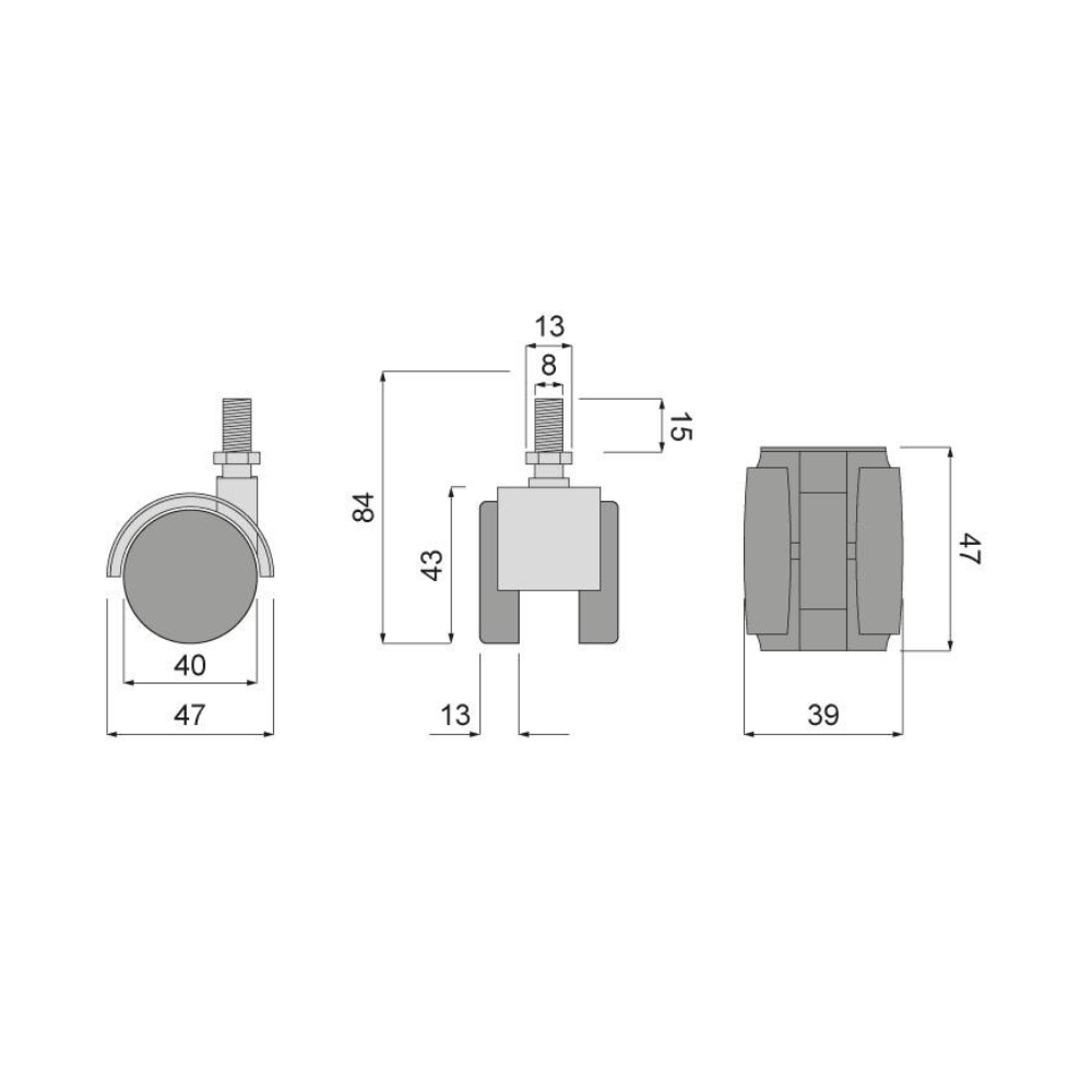 Furniture rubber swivel wheel with thread  Ø40mm