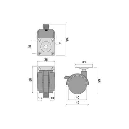 Furniture rubber swivel wheel with mounting plate and brake Ø40mm (2) – Furnica