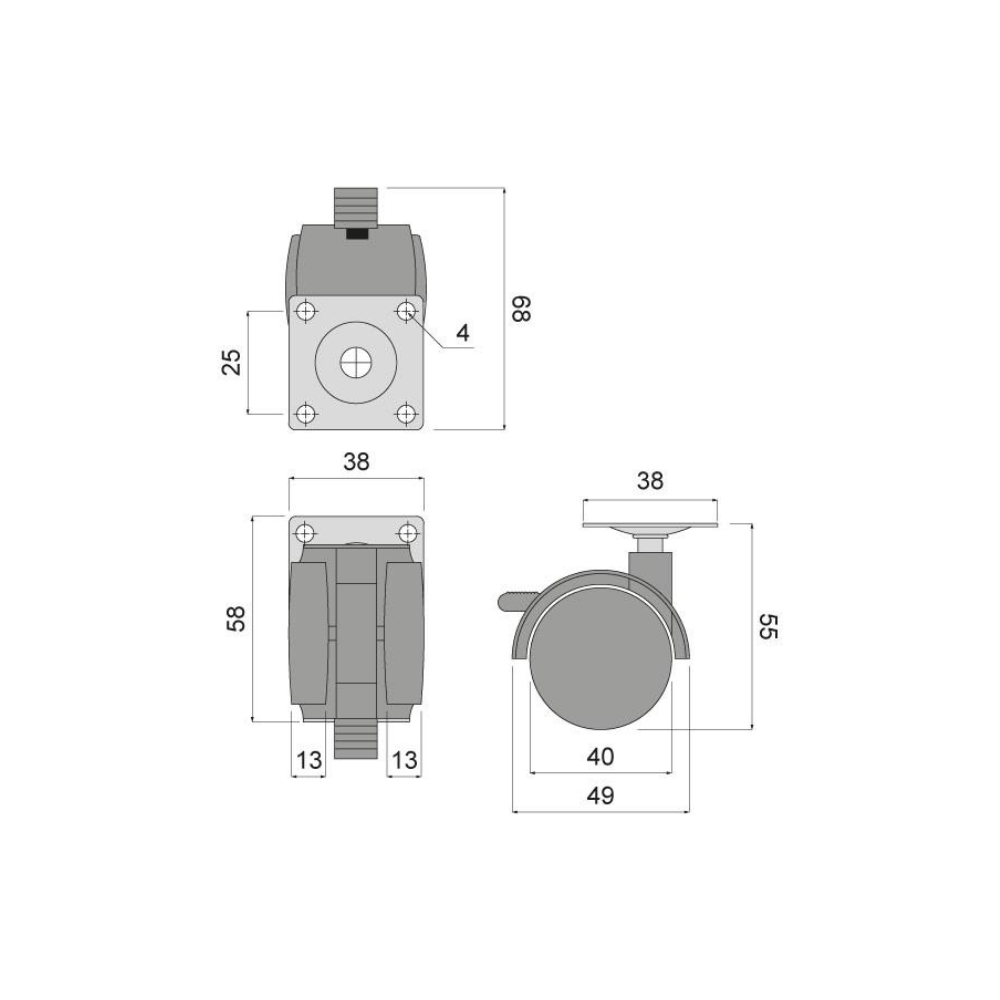 Furniture rubber swivel wheel with mounting plate and brake  Ø40mm