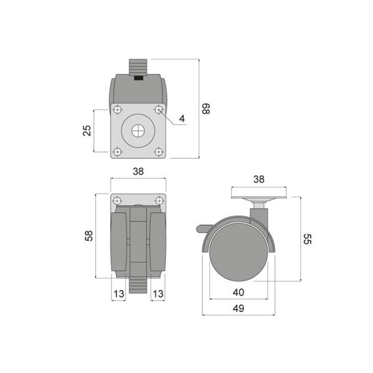 Furniture plastic swivel wheel with mounting plate and brake  Ø40mm