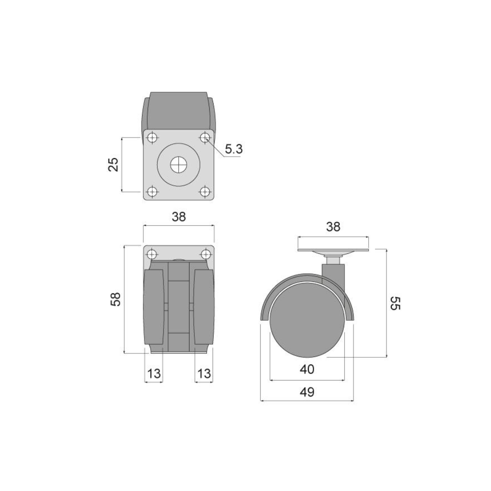 Furniture plastic swivel wheel with mounting plate Ø40mm