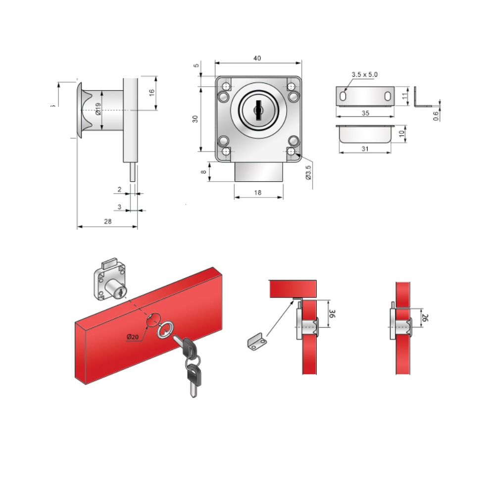 Furniture Lock 19x22mm, Identical Key Version, Nickel (2) – Furnica