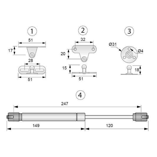 Gas Strut 250mm - 60N - Black