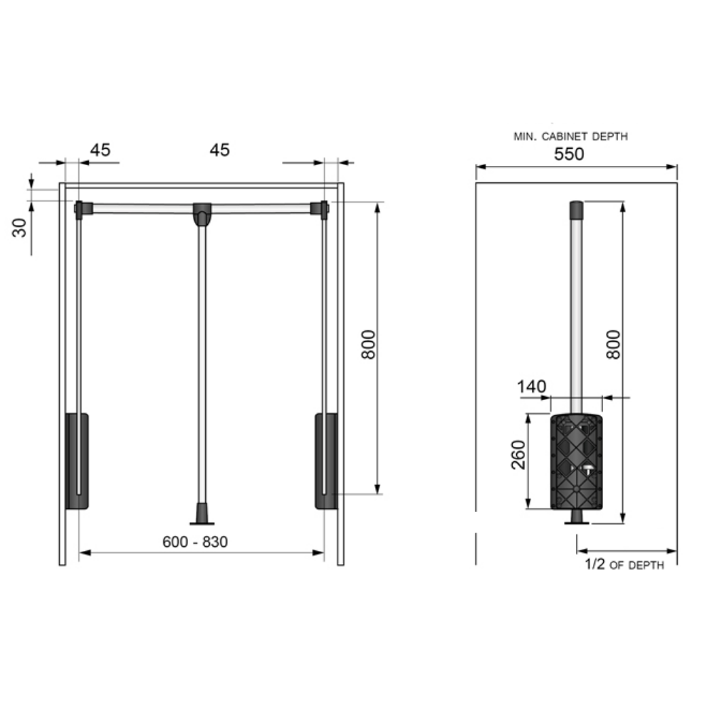 Pull Down Wardrobe Rail 600-830mm - Chrome/White