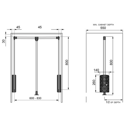 Pull Down Wardrobe Rail 600-830mm