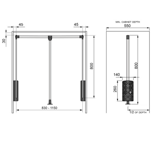 Pull Down Wardrobe Rail 830-1150mm - Chrome/White